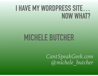 MICHELE BUTCHER 
CantSpeakGeek.com
@michele_butcher
I HAVE MY WORDPRESS SITE…
NOW WHAT?
 