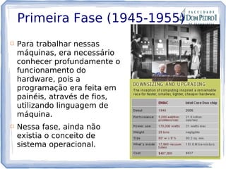 Primeira Fase (1945-1955)
 Para trabalhar nessas
máquinas, era necessário
conhecer profundamente o
funcionamento do
hardware, pois a
programação era feita em
painéis, através de fios,
utilizando linguagem de
máquina.
 Nessa fase, ainda não
existia o conceito de
sistema operacional.
 