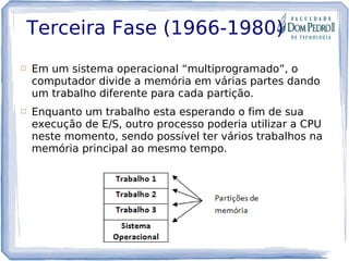 Terceira Fase (1966-1980)
 Em um sistema operacional “multiprogramado”, o
computador divide a memória em várias partes dando
um trabalho diferente para cada partição.
 Enquanto um trabalho esta esperando o fim de sua
execução de E/S, outro processo poderia utilizar a CPU
neste momento, sendo possível ter vários trabalhos na
memória principal ao mesmo tempo.
 
