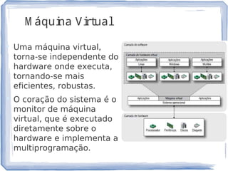 M áquina Virtual
 Uma máquina virtual,
torna-se independente do
hardware onde executa,
tornando-se mais
eficientes, robustas.
 O coração do sistema é o
monitor de máquina
virtual, que é executado
diretamente sobre o
hardware e implementa a
multiprogramação.
19
 