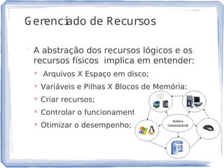 Gerenciado de Recursos
 A abstração dos recursos lógicos e os
recursos físicos implica em entender:
 Arquivos X Espaço em disco;
 Variáveis e Pilhas X Blocos de Memória;
 Criar recursos;
 Controlar o funcionamento;
 Otimizar o desempenho;
7
 