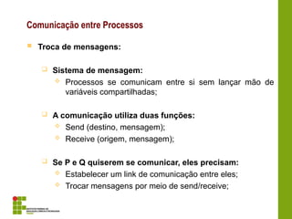 Comunicação entre Processos
 Troca de mensagens:
 Sistema de mensagem:
 Processos se comunicam entre si sem lançar mão de
variáveis compartilhadas;
 A comunicação utiliza duas funções:
 Send (destino, mensagem);
 Receive (origem, mensagem);
 Se P e Q quiserem se comunicar, eles precisam:
 Estabelecer um link de comunicação entre eles;
 Trocar mensagens por meio de send/receive;
 