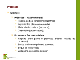 Processos
 Exemplo:
 Processo – Fazer um bolo:
 Receita do bolo (programa/algoritmo);
 Ingredientes (dados de entrada);
 Materiais de cozinha (recursos);
 Cozinheiro (processador);
 Processo – Socorro médico:
 Registra onde parou o processo anterior (estado do
processo);
 Busca um livro de primeiro socorros;
 Segue as instruções;
 Volta para o processo anterior;
 