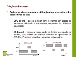 Criação de Processos
 Podem ser de acordo com a utilização do processador e dos
dispositivos de E/S:
 CPU-bound – passa a maior parte do tempo em estado de
execução, utilizando o processador, ou pronto. Ex.: Cálculos
científicos;
 I/O-bound – passa a maior parte do tempo no estado de
espera, pois realiza um elevado número de operações de
E/S. Ex.: Processo interativo, aguardar pelo usuário.
 