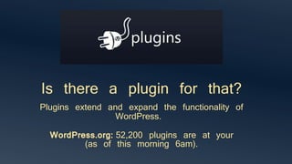 Is there a plugin for that?
Plugins extend and expand the functionality of
WordPress.
WordPress.org: 52,200 plugins are at your
(as of this morning 6am).
 
