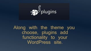 Along with the theme you
choose, plugins add
functionality to your
WordPress site.
 