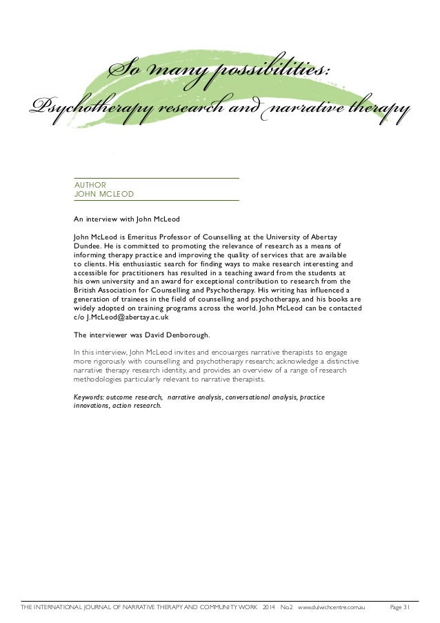 So Many Possibilties Psychotherapy Research And Narrative Therapy By
