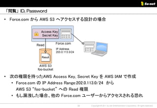 「閲覧」ID, Password

• Force.com から AWS S3 へアクセスする設計の場合




• 次の権限を持ったAWS Access Key, Secret Key を AWS IAM で作成
  • Force.com の IP Address Range:202.0.113.0/24 から
    AWS S3 “foo-bucket” への Read 権限
  • もし漏洩した場合、他の Force.com ユーザーからアクセスされる恐れ

                          34   Copyright © 2011 So-net Entertainment Corporation, All rights reserved.
 