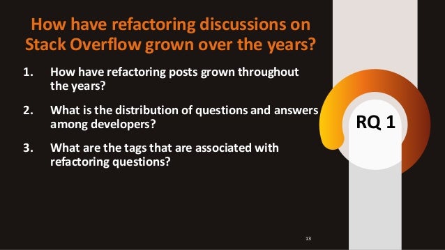 How have refactoring discussions on
Stack Overflow grown over the years?
1. How have refactoring posts grown throughout
the years?
2. What is the distribution of questions and answers
among developers?
3. What are the tags that are associated with
refactoring questions?
RQ 1
13
 