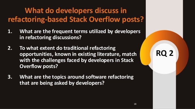 What do developers discuss in
refactoring-based Stack Overflow posts?
1. What are the frequent terms utilized by developers
in refactoring discussions?
2. To what extent do traditional refactoring
opportunities, known in existing literature, match
with the challenges faced by developers in Stack
Overflow posts?
3. What are the topics around software refactoring
that are being asked by developers?
RQ 2
18
 