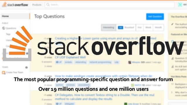 The most popular programming-specific question and answer forum
Over 19 million questions and one million users
 