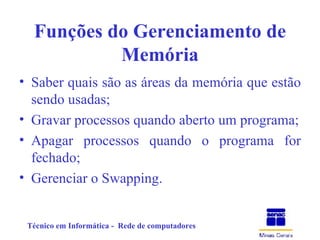 Funções do Gerenciamento de Memória Saber quais são as áreas da memória que estão sendo usadas; Gravar processos quando aberto um programa; Apagar processos quando o programa for fechado; Gerenciar o Swapping. 