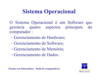 Sistema Operacional O Sistema Operacional é um Software que gerencia quatro aspectos principais do computador : Gerenciamento de Hardware; Gerenciamento de Software; Gerenciamento de Memória; Gerenciamento de Dados. 