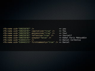 <fb:name   uid="508258787"   />                        =>   you
<fb:name   uid="508258787"   capitalize="true" />      =>   You
<fb:name   uid="508258787"   possessive="true" />      =>   Your
<fb:name   uid="508258787"   reflexive="true" />       =>   Yourself
<fb:name   uid="508258787"   useyou="false" />         =>   Kamal Fariz Mahyuddin
<fb:name   uid="510442171"   />                        =>   Daniel CerVentus
<fb:name   uid="510442171"   firstnameonly="true" />   =>   Daniel
 