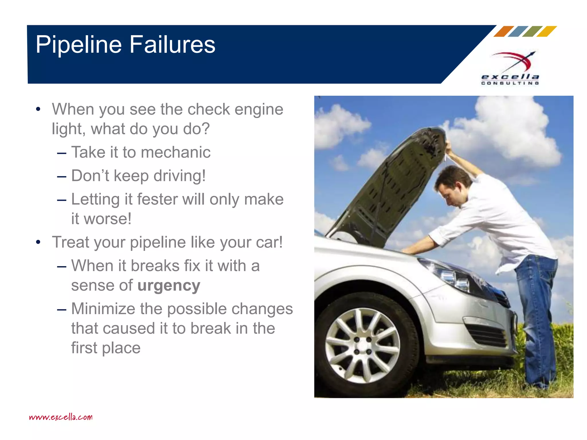 • When you see the check engine
light, what do you do?
– Take it to mechanic
– Don’t keep driving!
– Letting it fester will only make
it worse!
• Treat your pipeline like your car!
– When it breaks fix it with a
sense of urgency
– Minimize the possible changes
that caused it to break in the
first place
Pipeline Failures
 