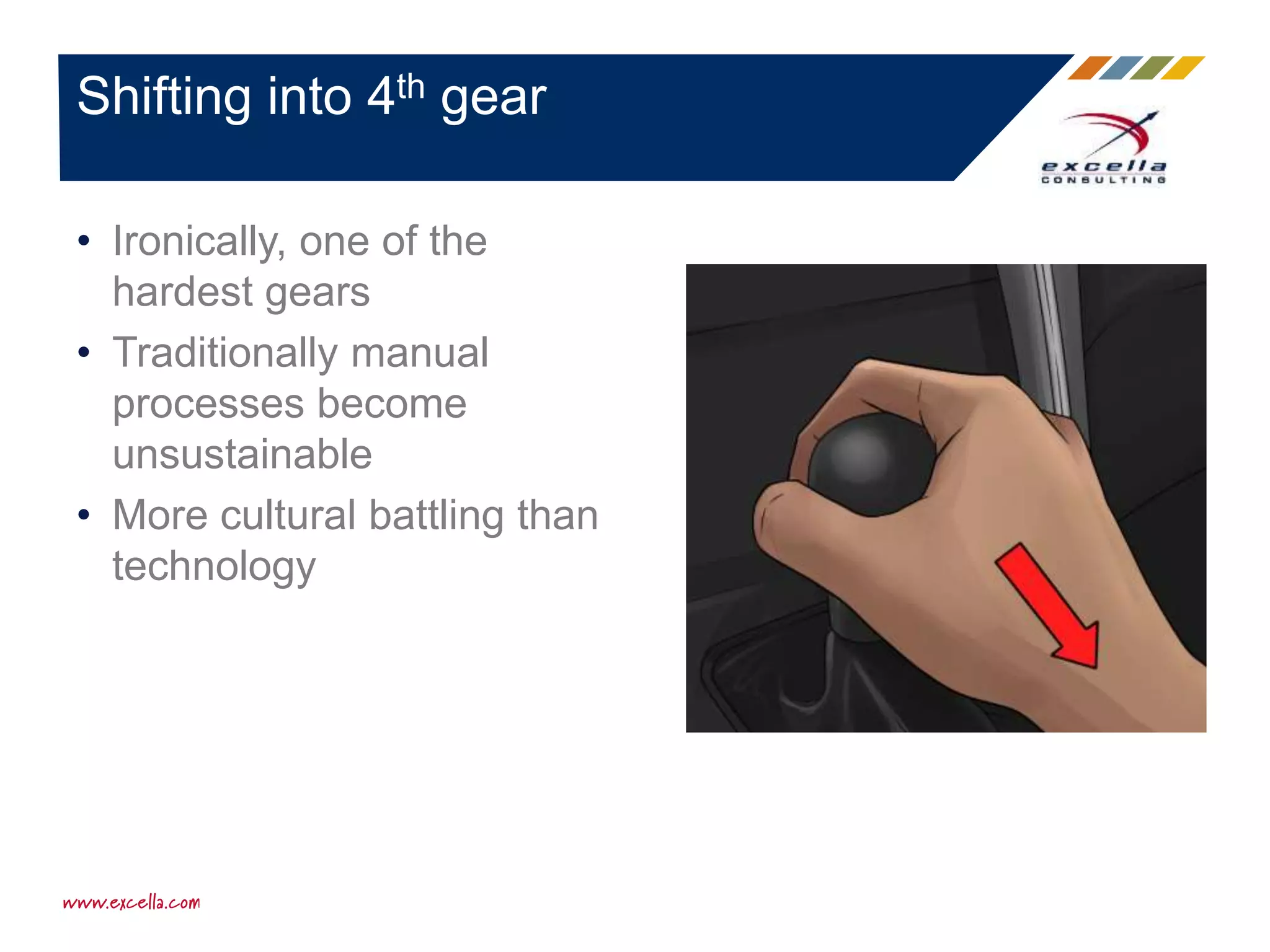 • Ironically, one of the
hardest gears
• Traditionally manual
processes become
unsustainable
• More cultural battling than
technology
Shifting into 4th gear
 