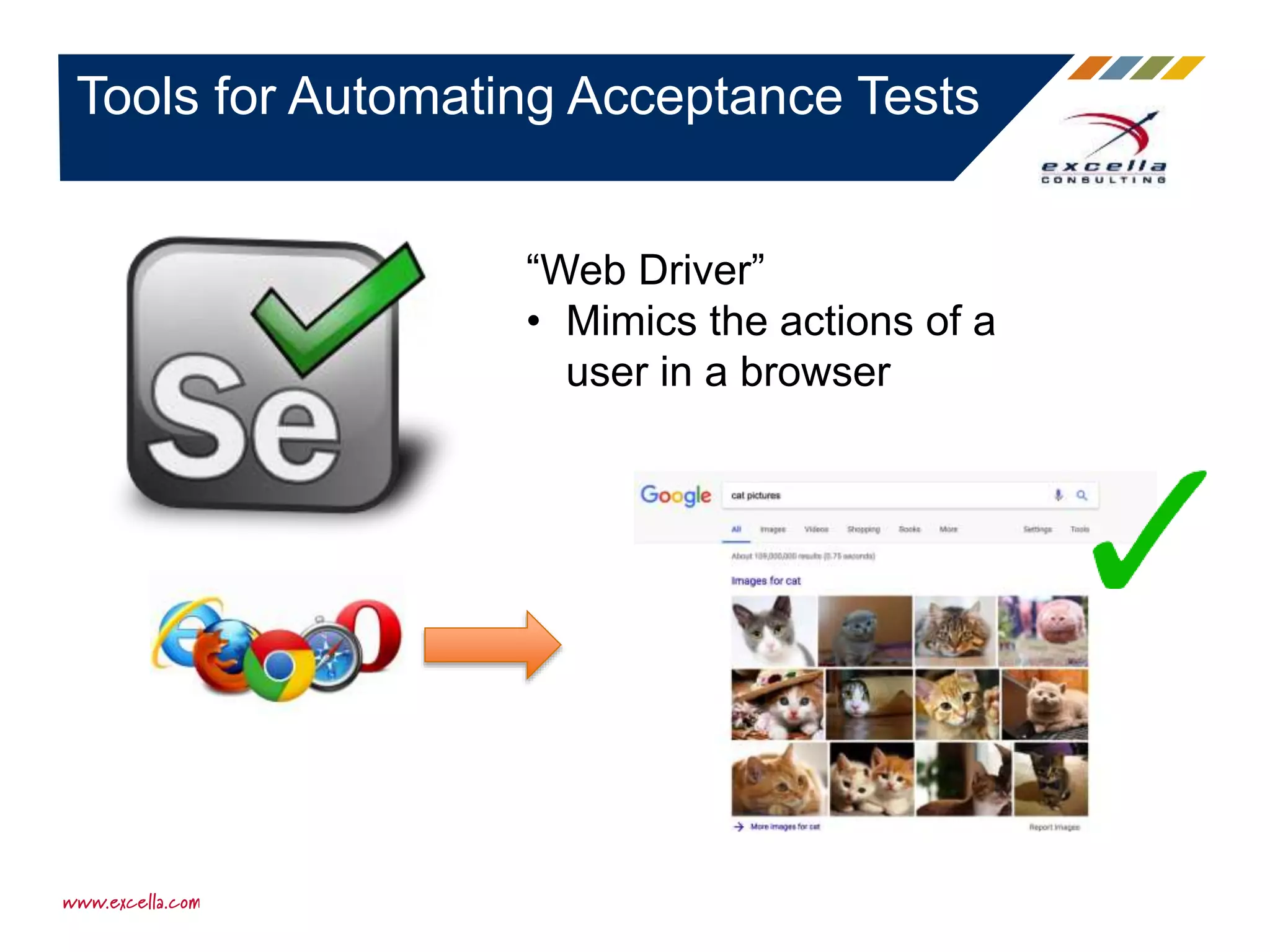 Tools for Automating Acceptance Tests
“Web Driver”
• Mimics the actions of a
user in a browser
 