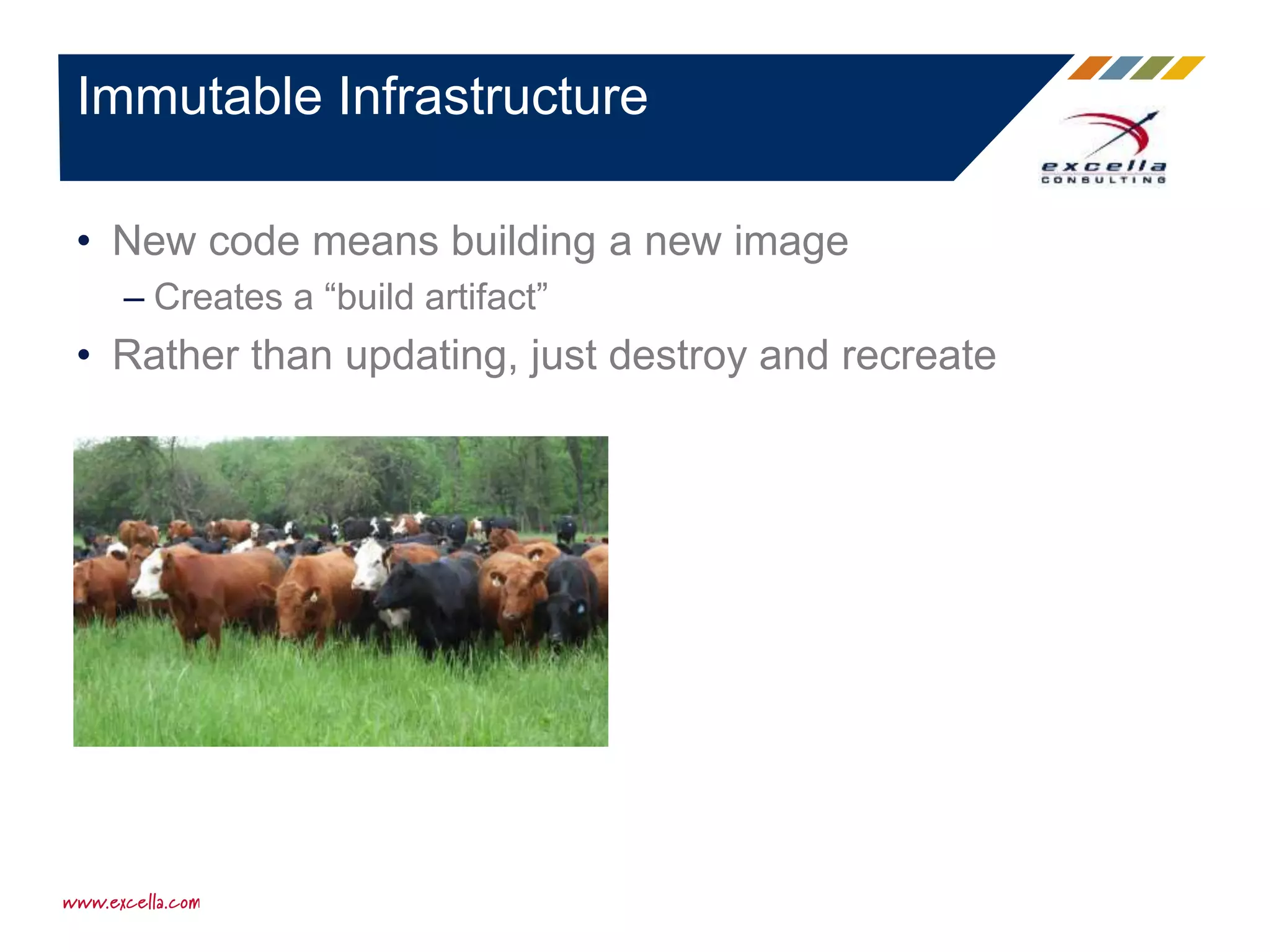 • New code means building a new image
– Creates a “build artifact”
• Rather than updating, just destroy and recreate
Immutable Infrastructure
 