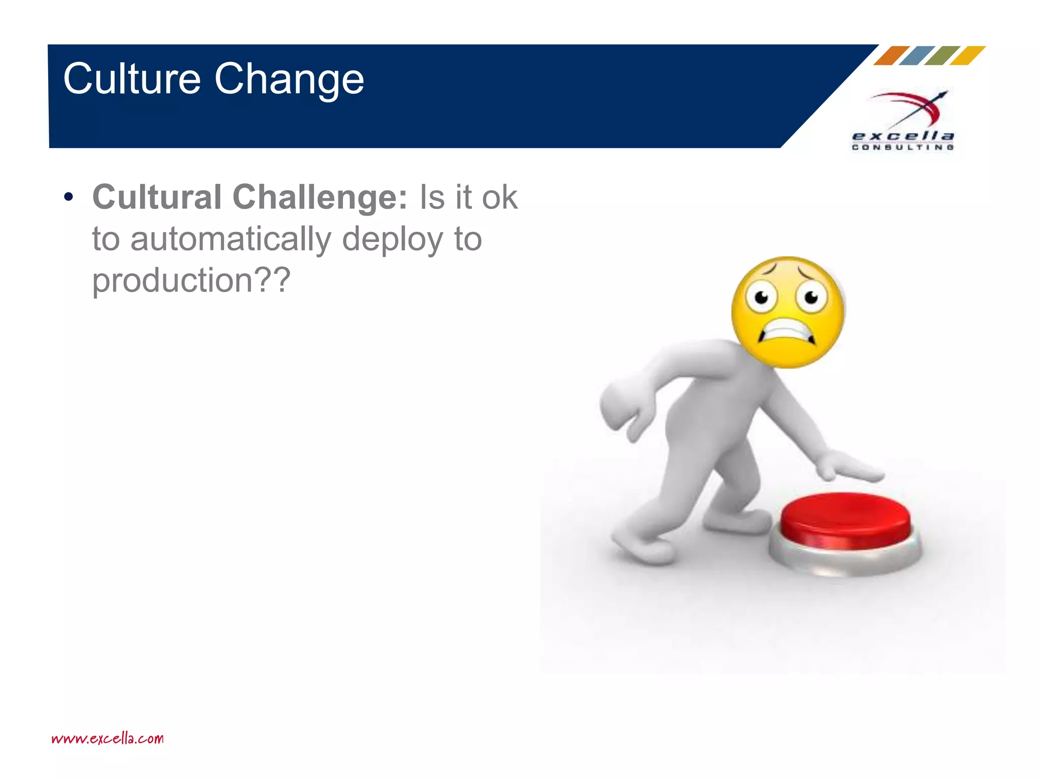 • Cultural Challenge: Is it ok
to automatically deploy to
production??
Culture Change
 