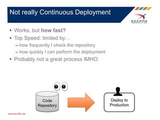 • Works, but how fast?
• Top Speed: limited by…
– how frequently I check the repository
– how quickly I can perform the deployment
• Probably not a great process IMHO
Not really Continuous Deployment
Code
Repository
Deploy to
Production
 