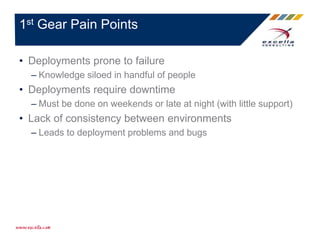 • Deployments prone to failure
– Knowledge siloed in handful of people
• Deployments require downtime
– Must be done on weekends or late at night (with little support)
• Lack of consistency between environments
– Leads to deployment problems and bugs
1st Gear Pain Points
 