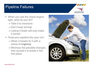 • When you see the check engine
light, what do you do?
– Take it to mechanic
– Don’t keep driving!
– Letting it fester will only make
it worse!
• Treat your pipeline like your car!
– When it breaks fix it with a
sense of urgency
– Minimize the possible changes
that caused it to break in the
first place
Pipeline Failures
 