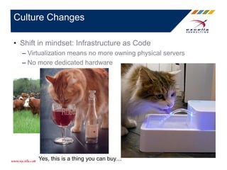 • Shift in mindset: Infrastructure as Code
– Virtualization means no more owning physical servers
– No more dedicated hardware
Culture Changes
Yes, this is a thing you can buy…
 