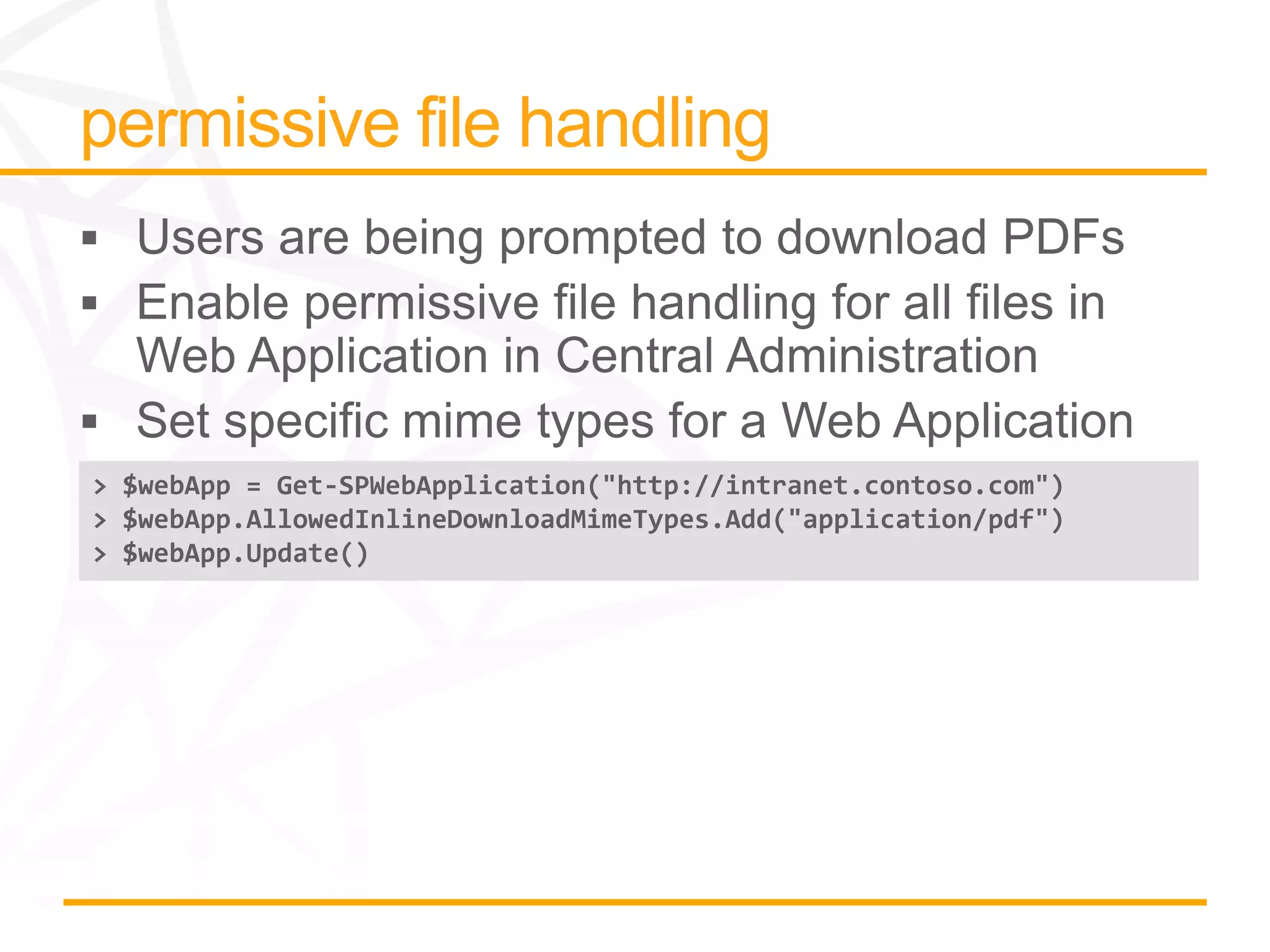 > $webApp = Get-SPWebApplication("http://intranet.contoso.com")
> $webApp.AllowedInlineDownloadMimeTypes.Add("application/pdf")
> $webApp.Update()
 