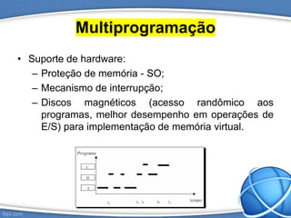 Multiprogramação
• Suporte de hardware:
– Proteção de memória - SO;
– Mecanismo de interrupção;
– Discos magnéticos (acesso randômico aos
programas, melhor desempenho em operações de
E/S) para implementação de memória virtual.
 