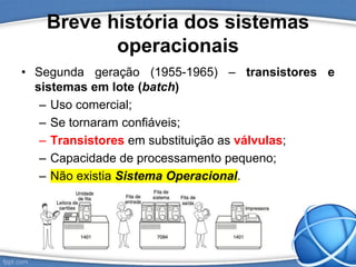 Breve história dos sistemas
operacionais
• Segunda geração (1955-1965) – transistores e
sistemas em lote (batch)
– Uso comercial;
– Se tornaram confiáveis;
– Transistores em substituição as válvulas;
– Capacidade de processamento pequeno;
– Não existia Sistema Operacional.
 