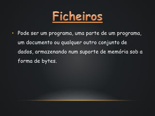 • Pode ser um programa, uma parte de um programa,
um documento ou qualquer outro conjunto de
dados, armazenando num suporte de memória sob a
forma de bytes.
 