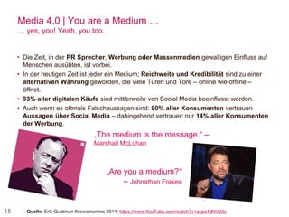 15
Media 4.0 | You are a Medium …
… yes, you! Yeah, you too.
• Die Zeit, in der PR Sprecher, Werbung oder Massenmedien gewaltigen Einfluss auf
Menschen ausübten, ist vorbei.
• In der heutigen Zeit ist jeder ein Medium; Reichweite und Kredibilität sind zu einer
alternativen Währung geworden, die viele Türen und Tore – online wie offline –
öffnet.
• 93% aller digitalen Käufe sind mittlerweile von Social Media beeinflusst worden.
• Auch wenn es oftmals Falschaussagen sind: 90% aller Konsumenten vertrauen
Aussagen über Social Media – dahingehend vertrauen nur 14% aller Konsumenten
der Werbung.
„The medium is the message.“ –
Marshall McLuhan
„Are you a medium?“
– Johnathan Frakes
Quelle: Erik Qualman #socialnomics 2014; https://www.YouTube.com/watch?v=zxpa4dNVd3c
 