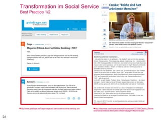 26
Transformation im Social Service
Best Practice 1/2
http://www.gutefrage.net/frage/megacard-bank-austria-online-banking--pin- http://diepresse.com/home/wirtschaft/economist/4701599/Cernko_Reiche-
sind-hart-arbeitende-Menschen?offset=0&page=1#kommentar0
 