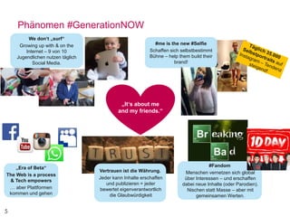 5
Phänomen #GenerationNOW
Vertrauen ist die Währung.
Jeder kann Inhalte erschaffen
und publizieren = jeder
bewertet eigenverantwortlich
die Glaubwürdigkeit
#me is the new #Selfie
Schaffen sich selbstbestimmt
Bühne – help them build their
brand!
„It‘s about me
and my friends.“
We don‘t „surf“
Growing up with & on the
Internet – 9 von 10
Jugendlichen nutzen täglich
Social Media.
„Era of Beta“
The Web is a process
& Tech empowers
… aber Plattformen
kommen und gehen
#Fandom
Menschen vernetzen sich global
über Interessen – und erschaffen
dabei neue Inhalte (oder Parodien).
Nischen statt Masse – aber mit
gemeinsamen Werten.
 