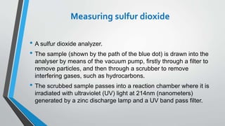 Measuring sulfur dioxide
• A sulfur dioxide analyzer.
• The sample (shown by the path of the blue dot) is drawn into the
analyser by means of the vacuum pump, firstly through a filter to
remove particles, and then through a scrubber to remove
interfering gases, such as hydrocarbons.
• The scrubbed sample passes into a reaction chamber where it is
irradiated with ultraviolet (UV) light at 214nm (nanometers)
generated by a zinc discharge lamp and a UV band pass filter.
 