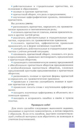 • действительные и страдательные причастия, их
склонение и образование;
• полные и краткие причастия;
• причастный оборот, его роль в предложении;
• изученные орфографические правила, связанные с
причастием.
Вы должны уметь:
• распознавать причастия, определять их граммати­
ческие признаки и синтаксическую роль;
• отличать причастия от глагола, имени прилагатель­
ного и других частей речи;
• различать действительные и страдательные при­
частия, определять их грамматические признаки;
• склонять причастия, орфоэпически правильно
произносить их в форме косвенных падежей;
• употреблять действительные и страдательные при­
частия с учётом речевой ситуации;
• опознавать причастный оборот, понимать его роль
в предложении, правильно интонировать предложения
с причастным оборотом;
• производить синонимическую замену предложений
с обособленным причастным оборотом предложениями
с необособленным причастным оборотом, сложных
предложений простыми предложениями с причастным
оборотом;
• распознавать полные и краткие формы причастий
и определять их грамматические признаки;
• правильно и уместно употреблять полные и крат­
кие причастия в речи;
• правильно писать слова с изученными орфограм­
мами;
• находить изученные орфограммы и объяснять их с
помощью правил;
• находить и исправлять ошибки в своём и чужом
текстах.
Проверьте себя!
Для этого сделайте следующее: выполните задания,
указанные в карточке самоконтроля, а потом сверьтесь
с образцом. Если есть ошибки, выучите соответствую­
щий учебный материал или обратитесь за помощью к
учителю (соученикам).
 