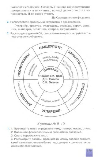 ной эпохи его жизни. Словарь Ушакова тоже поетепепно
превращается в памятник, но ещё далеко не стал им
полностью. И не скоро станет.
Из Словаря юного филолога
2. Распределите архаизмы и историзмы в два столбика.
Гувернёр, трактир, глаголить, воевода, перст, уряд­
ник, жандарм, десятник, капрал, цирюльник.
3. Рассмотрите данный ОК, самостоятельно расшифруйте его и
подготовьте сообщение.
К урокам № 9-10
1.1. Прочитайте текст, определите тему, главную мысль, стиль.
2. Выпишите фразеологизмы и поясните их значение.
3. Сжато перескажите текст.
4. Рассмотрите слайды. Сравните их между собой и скажите,
какой из них вы считаете более подходящим кданному тексту.
Докажите своё мнение.
 