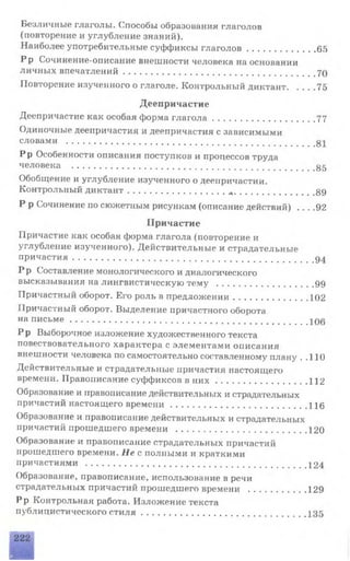 Безличные глаголы. Способы образования глаголов
(повторение и углубление знаний).
Наиболее употребительные суффиксы г л а г о л о в .......................... 65
Рр Сочинение-описание внешности человека на основании
личных впечатлений............................................................... ..
Повторение изученного о глаголе. Контрольный диктант............ 75
Деепричастие
Деепричастие как особая форма г л а г о л а ..........................................77
Одиночные деепричастия и деепричастия с зависимыми
словами ......................................................................................
Рр Особенности описания поступков и процессов труда
человека ................................................................................................ 35
Обобщение и углубление изученного о деепричастии.
Контрольный д и к тан т.......................................................................... gg
Р р Сочинение по сюжетным рисункам (описание д ей ств и й )____92
П ричастие
Причастие как особая форма глагола (повторение и
углубление изученного). Действительные и страдательные
п ри части я.............................................................................................. ..
Р р Составление монологического и диалогического
высказывания на лингвистическую тему ........................................ 99
Причастный оборот. Его роль в предлож ении................................102
Причастный оборот. Выделение причастного оборота
на п и с ь м е .................................................................................................
Р р Выборочное изложение художественного текста
повествовательного характера с элементами описания
внешности человека по самостоятельно составленному плану ..110
Действительные и страдательные причастия настоящего
времени. Правописание суффиксов в н и х ..................................... 112
Образование и правописание действительных и страдательных
причастий настоящего в р е м е н и ....................................................... 116
Образование и правописание действительных и страдательных
причастий прошедшего времени .....................................................120
Образование и правописание страдательных причастий
прошедшего времени. Не с полными и краткими
причастиями ...................................................................................... ....
Образование, правописание, использование в речи
страдательных причастий прошедшего времени .........................129
Р р Контрольная работа. Изложение текста
публицистического стиля...................................................... .
222
ЛН1
 