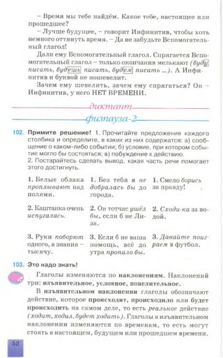 —Время мы тебе найдём. Какое тебе, настоящее или
прошедшее?
- Лучше будущее, - говорит Инфинитив, чтобы хоть
немного оттянуть время. - Да не забудьте Вспомогатель­
ный глагол!
Дали ему Вспомогательный глагол. Спрягается Вспо­
могательный глагол - только окончания мелькают ( буд0
писать, будешь писать, буд[~ем писать ...). А Инфи­
нитив и буквой не пошевелит.
Зачем ему шевелить, зачем ему спрягаться? Он -
Инфинитив, у него НЕТ ВРЕМЕНИ.
------------------диктант----------------------
-физпауза-2-
102. Примите решение! 1. Прочитайте предложения каждого
столбика и определите, в каких из них содержатся: а) сооб­
щение о каком-либо событии; б) условие, при котором собы­
тие могло бы состояться; в) побуждение кдействию.
2. Постарайтесь сделать вывод, какая часть речи помогает
этого достигнуть.
1. Белые облака
проплывают над
полями.
1. Без тебя я не
добралась бы до
города.
1. Смело борись
за правду!
2. Каштанка очень 2. Он тотчас ушёл 2. Сходи-ка за во-
испугалась. бы, если б не Ли- дой.
3. Руки поборют
одного, а знания -
тысячу.
за.
3. Если б не ваша
помощь, всё до
утра пропало бы.
3. Давайте поиг­
раем в футбол.
103. Это надо знать!
Глаголы изменяются по наклонениям. Наклонений
три: изъявительное, условное, повелительное.
В изъявительном наклонении глаголы обозначают
действие, которое происходит, происходило или будет
происходить на самом деле, то есть реальное действие
( ходит, ходил, будет ходить). Глаголы в изъявительном
наклонении изменяются по временам, то есть могут
стоять в настоящем, будущем или прошедшем времени.
52
 