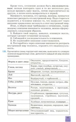 Кроме того, сочинение должно быть последователь­
ным: нельзя повторять одно и то же несколько раз,
нельзя прервать одну мысль, потом переключиться на
другую, а затем опять возвратиться к первой.
Внешность человека, его одежда, манеры, привычки
помогают раскрыть его внутренний мир. Надо стараться
подметить в человеке именно то, что позволяет через
внешние проявления заглянуть в этот внутренний мир.
Итак, в общем виде требования к сочинению, содер­
жащему описание внешности человека, можно сформу­
лировать следующим образом.
1. Найдите свой подход, замысел, основную мысль,
которые сделают сочинение цельным.
2. Соблюдайте последовательность в описании.
3. Не подменяйте описание повествованием.
4. Постарайтесь через описание внешности раскрыть
внутренний мир человека, отразить его индивидуаль­
ность.
128. Прочитайте схему портретной лексики, выясните по словарю
значения выделенных слов, дополните каждый её ряд своими
примерами.
Форма и цвет лнца
Овальное, продолговатое, бледное,
открытое, ...
Глаза, взгляд
Карие, серо-голубые, лучистые, хму­
рые; умный, доверчивый, ...
Брови Широкие, густые, нахмуренные, ...
Лоб Высокий, крутой, ...
Нос Вздёрнутый, с горбинкой, ...
Губы, улыбка Пухлые, тонкие, яркие; хитрая, оба­
ятельная, открытая, ...
Волосы Русые, каштановые, с проседью,
пышные, редкие, ...
Фигура, рост Сгорбленная, грациозная, сутулая,
худощавая, стройная; высокий,
средний, ...
Руки Холёные, натруженные, изящные,...
Одежда Будничная, модная, нарядная, эле­
гантная, ...
Общее впечатление Отталкивающий вид, поразитель­
ная красота, ...
63
 