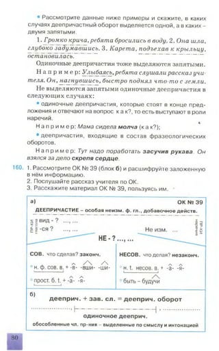 • Рассмотрите данные ниже примеры и скажите, в каких
случаях деепричастный оборот выделяется одной, а в каких -
двумя запятыми.
1. Громко крича,ребята бросились в воду. 2. Она шла,
глубоко задумавшись. 3. Карета, подъехав к крыльцу,
остановиласьГ
Одиночные деепричастия тоже выделяются запятыми.
Н а п р и м е р : Улыбаясь,ребята слушали рассказ учи­
теля. Он, нагнувшись, быстро поднял что-то с земли.
Не выделяются запятыми одиночные деепричастия в
следующих случаях:
• одиночные деепричастия, которые стоят в конце пред­
ложения и отвечают на вопрос ка к?, то есть выступают в роли
наречий.
Н ап р им ер : Мама сидела молча (к а к?);
• деепричастия, входящие в состав фразеологических
оборотов.
Например: Тут надо поработать засучив рукава. Он
взялся за дело скрепя сердце.
160. 1. Рассмотрите ОК № 39 (блок б) и расшифруйте заложенную
в нём информацию.
2. Послушайте рассказ учителя по ОК.
3. Расскажите материал ОК № 39, пользуясь им.
а) ОК № 39
ДЕЕПРИЧАСТИЕ —особая неизм. ф. гл., добавочное действ.
СОВ. что сделав? законч.
. ж л /  /Ч
н. ф. сов. в. + -в- -вши- -ШИ-
I------------1
* прост, б. t. +-а- -я
НЕСОВ. чтоделая? незаконч.
✓ч /ч
*н. t. несов. в. + -а- -яI___________ I
быть - будучи
б)
дееприч. + зав. сл. = дееприч. оборот
.....................................I------------------------------------------------------------------- 1 ......................................
одиночное дееприч.
обособленные чл. пр-ния - выделенные по смыслу и интонацией
80
 