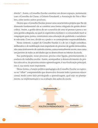 20
PRPRPRPRPROJETOJETOJETOJETOJETOOOOO
POLÍTICO-PEDPOLÍTICO-PEDPOLÍTICO-PEDPOLÍTICO-PEDPOLÍTICO-PEDAAAAAGÓGICOGÓGICOGÓGICOGÓGICOGÓGICO
A função político-pedagógica do conselho escolar
direito”. Assim, o Conselho Escolar constitui um desses espaços, juntamente
com o Conselho de Classe, o Grêmio Estudantil, a Associação de Pais e Mes-
tres, entre tantos outros possíveis.
Ocorre que o Conselho Escolar possui uma característica própria que lhe dá
dimensão fundamental: ele se constitui uma forma colegiada da gestão demo-
crática. Assim, a gestão deixa de ser o exercício de uma só pessoa e passa a ser
uma gestão colegiada, na qual os segmentos escolares e a comunidade local se
congregam para, juntos, construírem uma educação de qualidade e socialmen-
te relevante. Com isso, divide-se o poder e as conseqüentes responsabilidades.
Nesse contexto, o papel do Conselho Escolar é o de ser o órgão consultivo,
deliberativo e de mobilização mais importante do processo de gestão democrática,
não como instrumento de controle externo, como eventualmente ocorre, mas como
um parceiro de todas as atividades que se desenvolvem no interior da escola.
Sua participação, nesse processo, precisa estar ligada, prioritariamente, à
essência do trabalho escolar. Assim, acompanhar o desenvolvimento da prá-
tica educativa, do processo ensino-aprendizagem, é sua focalização principal,
isto é, sua tarefa mais importante.
Dessa forma, a função político-pedagógica do Conselho Escolar se expres-
sa no “olhar” comprometido que desenvolve durante todo o processo educa-
cional, tendo como foco privilegiado a aprendizagem, qual seja: no planeja-
mento, na implementação e na avaliação das ações da escola.
ImplementaçãoImplementaçãoImplementaçãoImplementaçãoImplementação
PlanejamentoPlanejamentoPlanejamentoPlanejamentoPlanejamento AAAAAvvvvvaliaçãoaliaçãoaliaçãoaliaçãoaliação
 