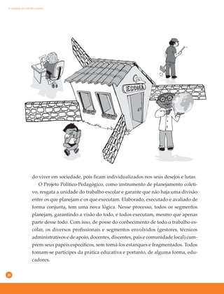28
A unidade do trabalho escolar
do viver em sociedade, pois ficam individualizados nos seus desejos e lutas.
O Projeto Político-Pedagógico, como instrumento de planejamento coleti-
vo, resgata a unidade do trabalho escolar e garante que não haja uma divisão
entre os que planejam e os que executam. Elaborado, executado e avaliado de
forma conjunta, tem uma nova lógica. Nesse processo, todos os segmentos
planejam, garantindo a visão do todo, e todos executam, mesmo que apenas
parte desse todo. Com isso, de posse do conhecimento de todo o trabalho es-
colar, os diversos profissionais e segmentos envolvidos (gestores, técnicos
administrativos e de apoio, docentes, discentes, pais e comunidade local) cum-
prem seus papéis específicos, sem torná-los estanques e fragmentados. Todos
tornam-se partícipes da prática educativa e portanto, de alguma forma, edu-
cadores.
 