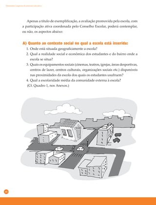 44
Apenas a título de exemplificação, a avaliação promovida pela escola, com
a participação ativa coordenada pelo Conselho Escolar, poderá contemplar,
ou não, os aspectos abaixo:
A) Quanto ao contexto social no qual a escola está inserida:
1. Onde está situada geograficamente a escola?
2. Qual a realidade social e econômica dos estudantes e do bairro onde a
escola se situa?
3. Quais os equipamentos sociais (cinemas, teatros, igrejas, áreas desportivas,
centros de lazer, centros culturais, organizações sociais etc.) disponíveis
nas proximidades da escola dos quais os estudantes usufruem?
4. Qual a escolaridade média da comunidade externa à escola?
(Cf. Quadro 1, nos Anexos.)
Dimensões e aspectos do processo educativo
 