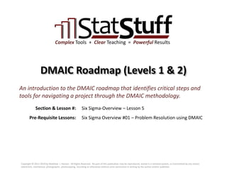 Section & Lesson #:
Pre-Requisite Lessons:
Complex Tools + Clear Teaching = Powerful Results
DMAIC Roadmap (Levels 1 & 2)
Six Sigma-Overview – Lesson 5
An introduction to the DMAIC roadmap that identifies critical steps and
tools for navigating a project through the DMAIC methodology.
Six Sigma Overview #01 – Problem Resolution using DMAIC
Copyright © 2011-2019 by Matthew J. Hansen. All Rights Reserved. No part of this publication may be reproduced, stored in a retrieval system, or transmitted by any means
(electronic, mechanical, photographic, photocopying, recording or otherwise) without prior permission in writing by the author and/or publisher.
 