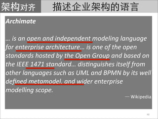Archimate

… is an open and independent modeling language 
for enterprise architecture… is one of the open 
standards hosted by the Open Group and based on 
the IEEE 1471 standard… dis?nguishes itself from 
other languages such as UML and BPMN by its well 
deﬁned metamodel, and wider enterprise 
modelling scope.
                                         Wikipedia


                                                48
 