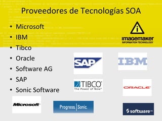 Proveedores de Tecnologías SOA Microsoft IBM Tibco Oracle Software AG SAP Sonic Software 