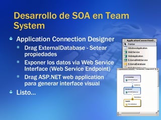 Desarrollo de SOA en Team System Application Connection Designer Drag ExternalDatabase - Setear propiedades Exponer los datos via Web Service Interface (Web Service Endpoint)‏ Drag ASP.NET web application para generar interface visual Listo... 
