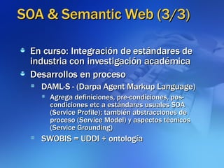 SOA & Semantic Web (3/3)‏ En curso: Integración de estándares de industria con investigación académica Desarrollos en proceso DAML-S - (Darpa Agent Markup Language)‏ Agrega definiciones, pre-condiciones, pos-condiciones etc a estándares usuales SOA (Service Profile); también abstracciones de proceso (Service Model) y aspectos técnicos (Service Grounding)‏ SWOBIS = UDDI + ontología 