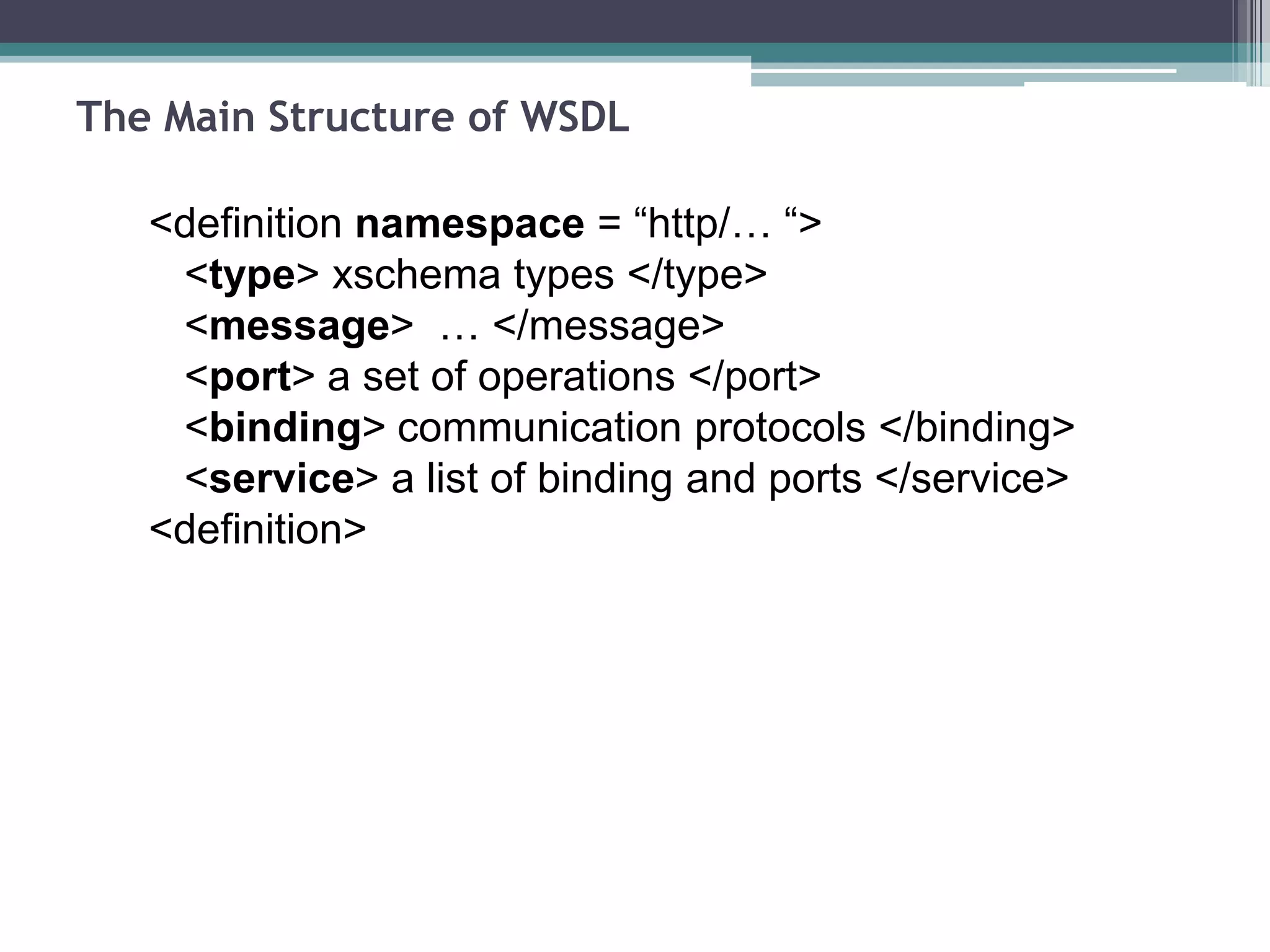 The Main Structure of WSDL
<definition namespace = “http/… “>
<type> xschema types </type>
<message> … </message>
<port> a set of operations </port>
<binding> communication protocols </binding>
<service> a list of binding and ports </service>
<definition>
 